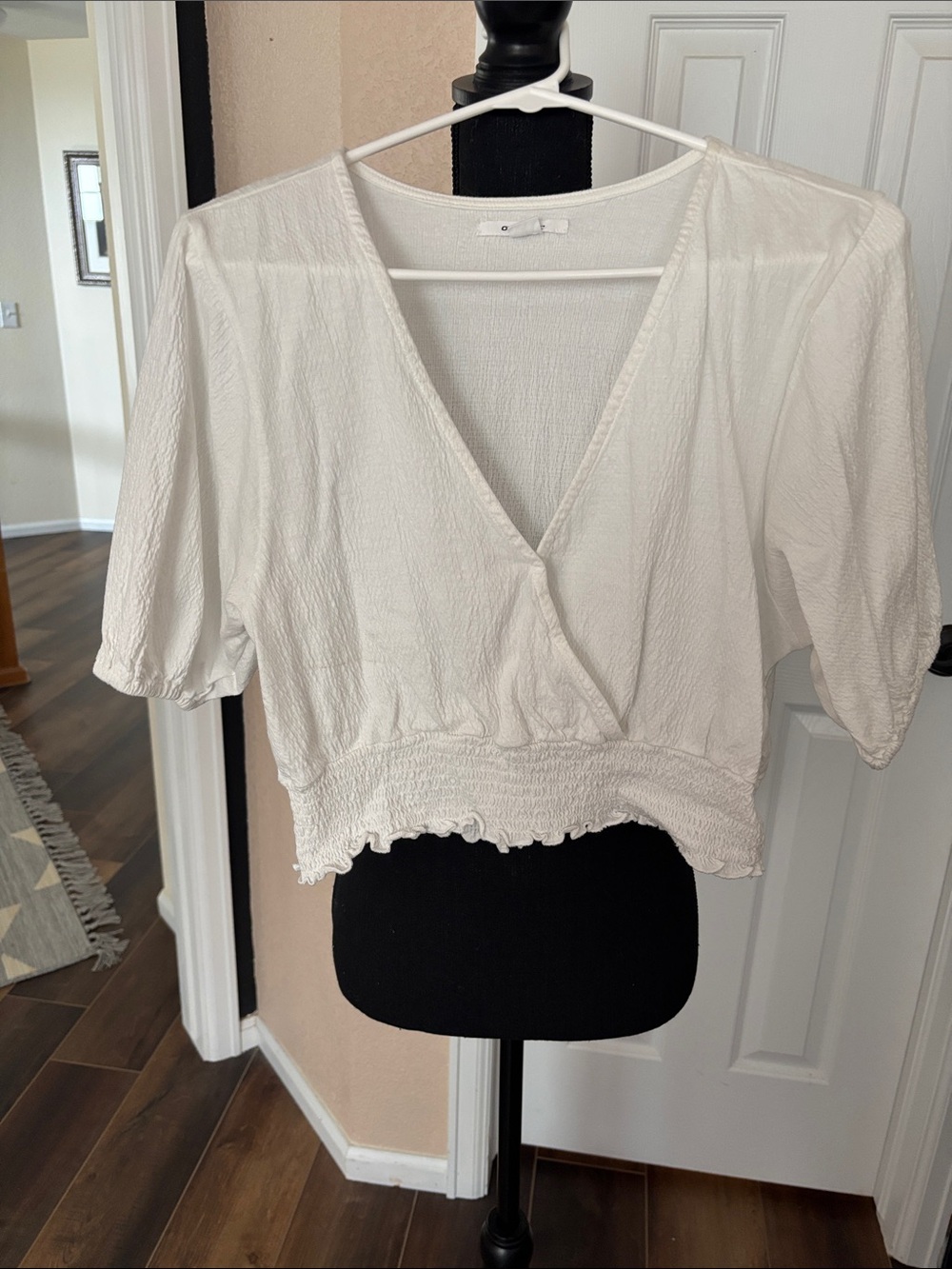 O'Neill White V-Neck Smocked-Hem Crop Top